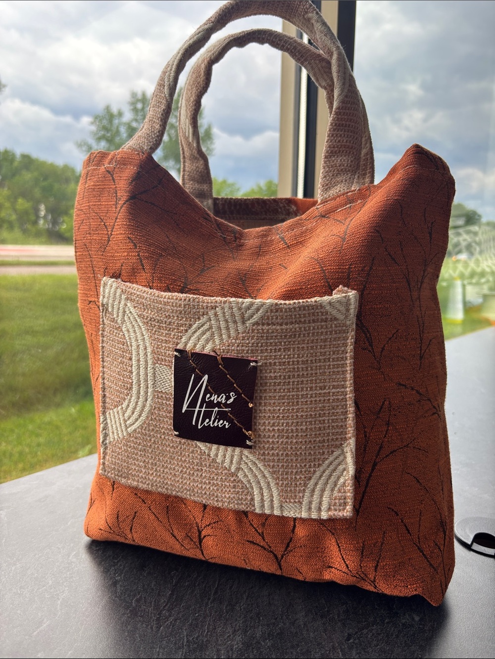 Rust Canvas Tote Bag with Beige Accent